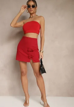 Czerwona Trapezowa Spódnica z Wiskozą Ozdobiona Kokardami Semirion