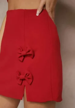 Czerwona Trapezowa Spódnica z Wiskozą Ozdobiona Kokardami Semirion