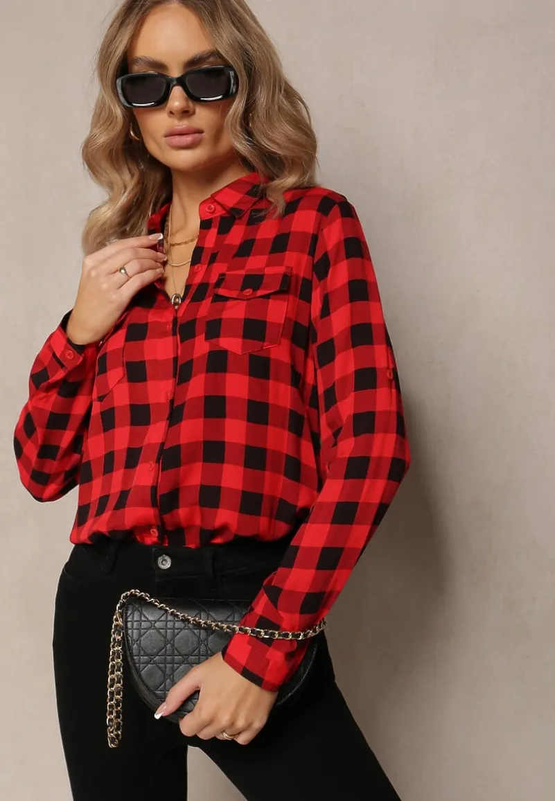 Czerwona Wiskozowa Koszula w Kratę z Kieszeniami i Kołnierzykiem Idiona