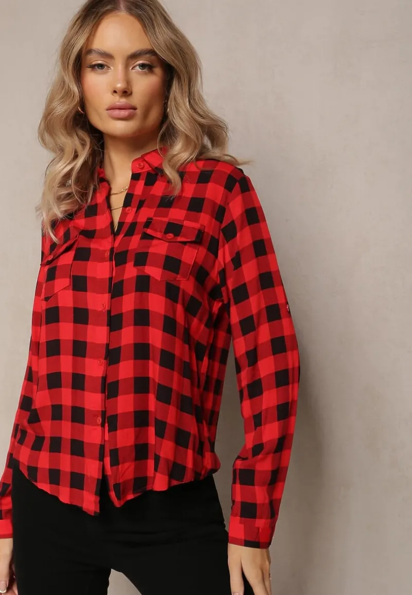 Czerwona Wiskozowa Koszula w Kratę z Kieszeniami i Kołnierzykiem Idiona