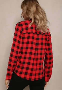 Czerwona Wiskozowa Koszula w Kratę z Kieszeniami i Kołnierzykiem Idiona