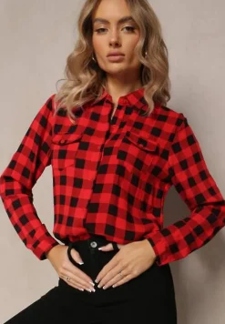 Czerwona Wiskozowa Koszula w Kratę z Kieszeniami i Kołnierzykiem Idiona