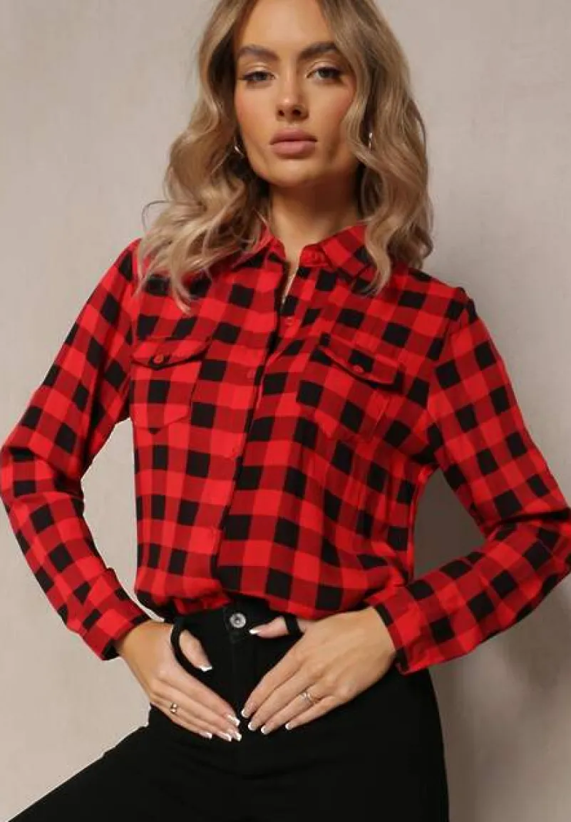 Czerwona Wiskozowa Koszula w Kratę z Kieszeniami i Kołnierzykiem Idiona