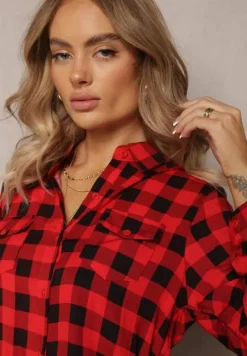 Czerwona Wiskozowa Koszula w Kratę z Kieszeniami i Kołnierzykiem Idiona