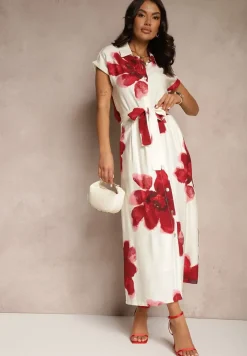 Czerwona Wiskozowa Kwiatowa Spódnica High Waist z Ozdobnym Paskiem i Guzikami Helseli