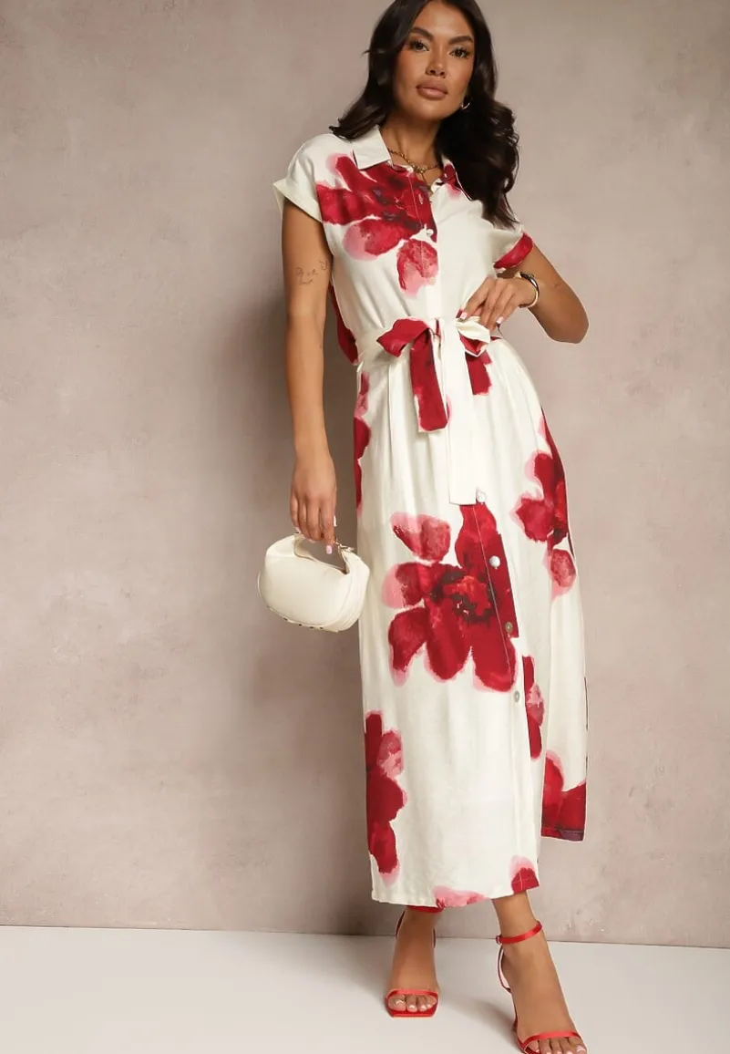 Czerwona Wiskozowa Kwiatowa Spódnica High Waist z Ozdobnym Paskiem i Guzikami Helseli