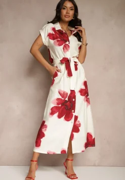 Czerwona Wiskozowa Kwiatowa Spódnica High Waist z Ozdobnym Paskiem i Guzikami Helseli