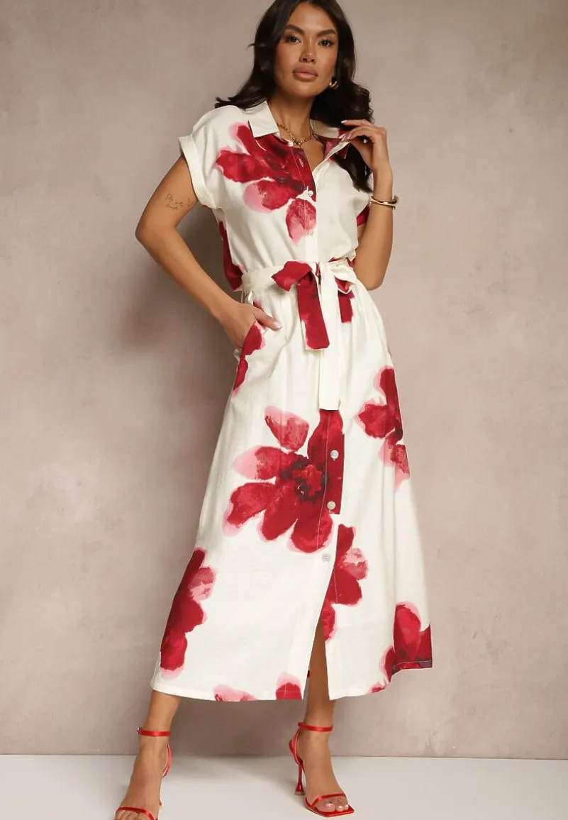 Czerwona Wiskozowa Kwiatowa Spódnica High Waist z Ozdobnym Paskiem i Guzikami Helseli