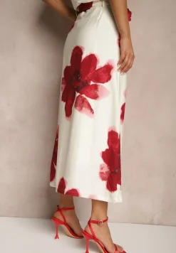 Czerwona Wiskozowa Kwiatowa Spódnica High Waist z Ozdobnym Paskiem i Guzikami Helseli