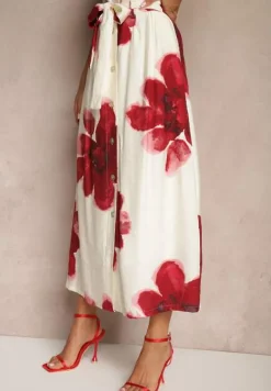 Czerwona Wiskozowa Kwiatowa Spódnica High Waist z Ozdobnym Paskiem i Guzikami Helseli
