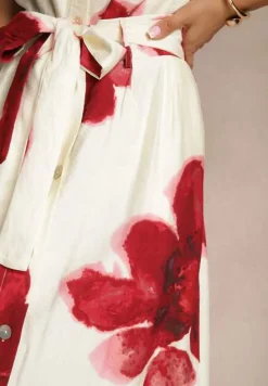 Czerwona Wiskozowa Kwiatowa Spódnica High Waist z Ozdobnym Paskiem i Guzikami Helseli