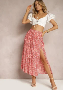 Czerwona Wiskozowa Spódnica Midi z Rozcięciem na Boku Missane