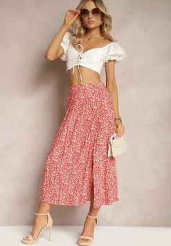 Czerwona Wiskozowa Spódnica Midi z Rozcięciem na Boku Missane