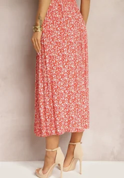 Czerwona Wiskozowa Spódnica Midi z Rozcięciem na Boku Missane