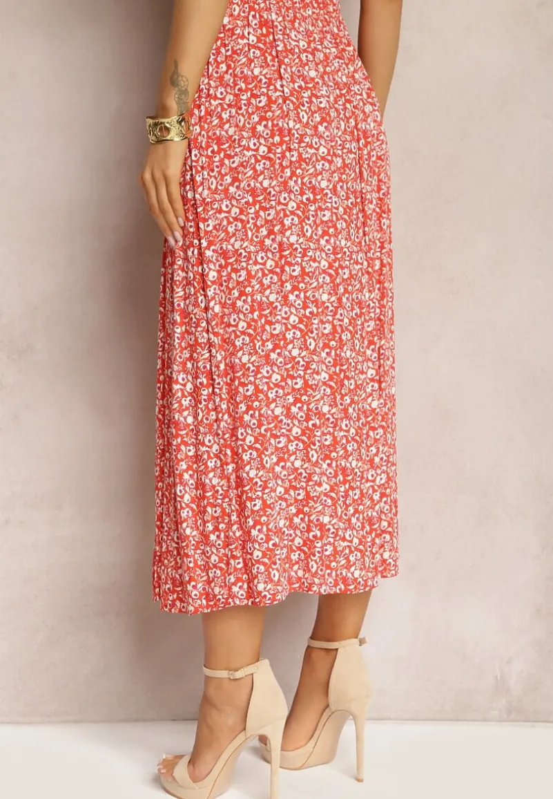 Czerwona Wiskozowa Spódnica Midi z Rozcięciem na Boku Missane