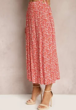 Czerwona Wiskozowa Spódnica Midi z Rozcięciem na Boku Missane