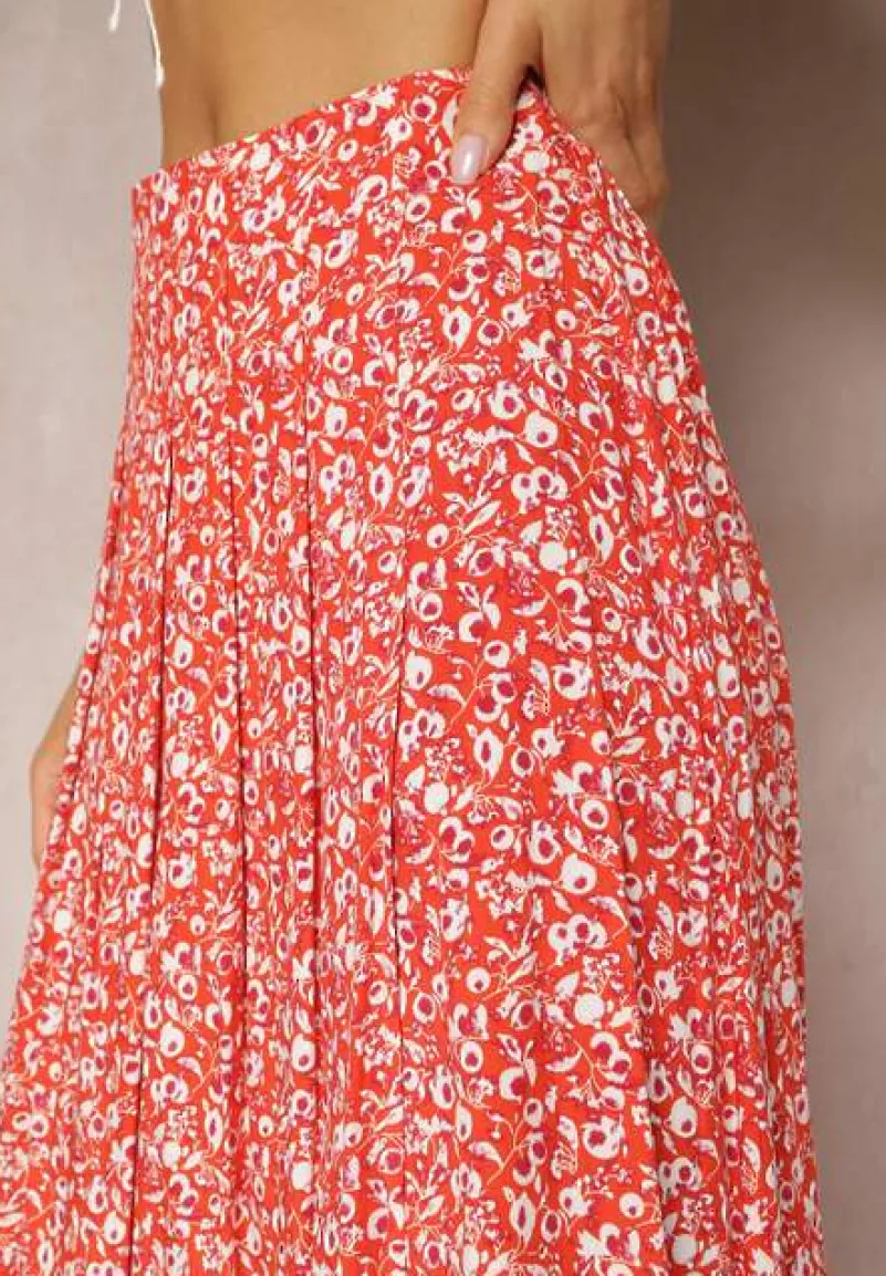 Czerwona Wiskozowa Spódnica Midi z Rozcięciem na Boku Missane