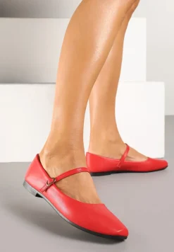 Czerwone Balerinki z Paskiem i Smukłym Kwadratowym Noskiem Rosafay