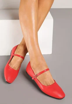 Czerwone Balerinki z Paskiem i Smukłym Kwadratowym Noskiem Rosafay