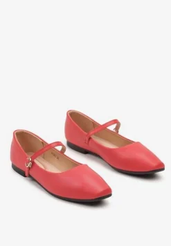 Czerwone Balerinki z Paskiem i Smukłym Kwadratowym Noskiem Rosafay