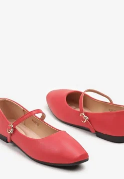 Czerwone Balerinki z Paskiem i Smukłym Kwadratowym Noskiem Rosafay