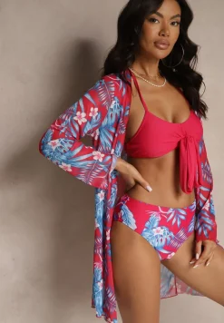 Czerwone Bikini Biustonosz z Wiązaniem i Figi z Dodatkową Siateczkową Narzutką Zarionea