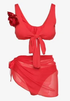 Czerwone Bikini Majtki Figi Biustonosz z Broszką Kwiatu 3D i Siateczkowe Pareo Folissa