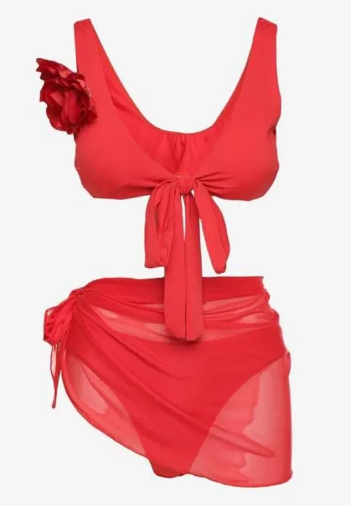 Czerwone Bikini Majtki Figi Biustonosz z Broszką Kwiatu 3D i Siateczkowe Pareo Folissa