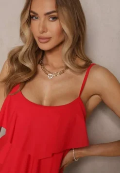 Czerwone Bikini Majtki w Stylu Szortów i Góra z Falbankami Kinerisela