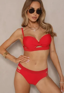 Czerwone Bikini z Ozdobnymi Wycięciami Wiązany Biustonosz i Majtki Figi Kinessa