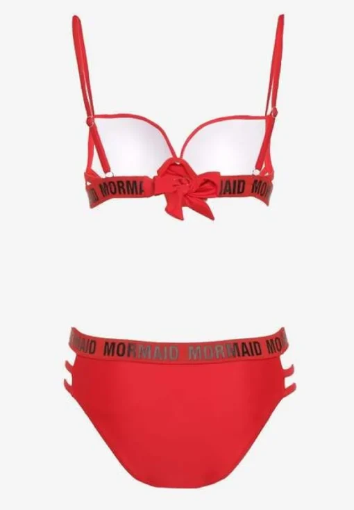 Czerwone Bikini z Supełkiem na Biustonoszu z Ozdobnymi Paseczkami i Napisami Bibalia