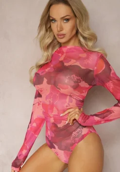 Czerwone Body z Siateczki z Długimi Rękawami i Abstrakcyjnym Printem Ularalima