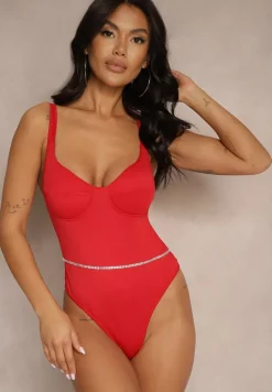 Czerwone Body z Usztywnionymi Miseczkami Dodatkowo Łańcuszek z Cyrkonii Valedi