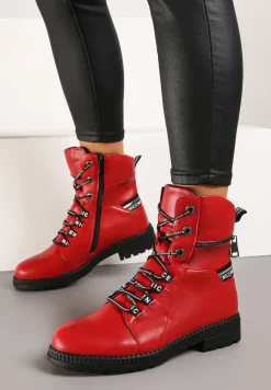 Czerwone Botki Workery na Płaskiej Podeszwie Ozdobione Suwakiem i Napisami Aderiora