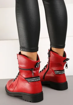 Czerwone Botki Workery na Płaskiej Podeszwie Ozdobione Suwakiem i Napisami Aderiora