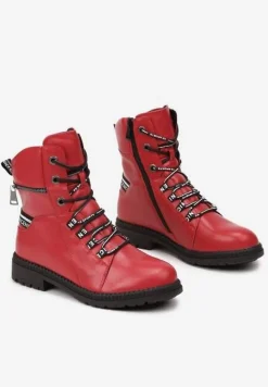 Czerwone Botki Workery na Płaskiej Podeszwie Ozdobione Suwakiem i Napisami Aderiora