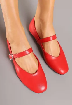 Czerwone Casualowe Balerinki z Paskiem ze Sprzączką Asideria