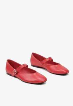 Czerwone Casualowe Balerinki z Paskiem ze Sprzączką Asideria