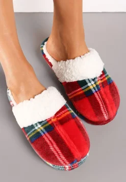 Czerwone Ciepłe Kapcie Ozdobione Wzorem w Kratę i Futerkiem Nasire
