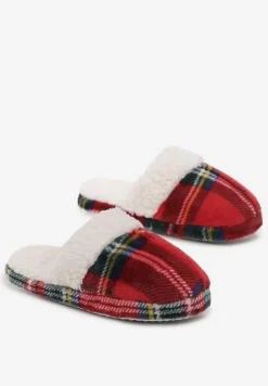 Czerwone Ciepłe Kapcie Ozdobione Wzorem w Kratę i Futerkiem Nasire