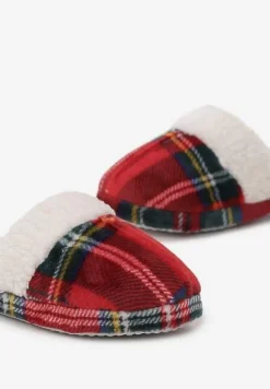Czerwone Ciepłe Kapcie Ozdobione Wzorem w Kratę i Futerkiem Nasire