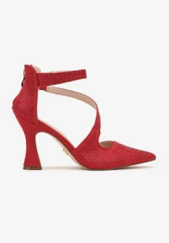 Czerwone Czółenka Vices na Obcasie z Wkładką ze Skóry Naturalnej Ozdobione Paskiem Besinae