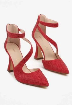 Czerwone Czółenka Vices na Obcasie z Wkładką ze Skóry Naturalnej Ozdobione Paskiem Besinae