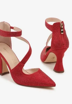 Czerwone Czółenka Vices na Obcasie z Wkładką ze Skóry Naturalnej Ozdobione Paskiem Besinae