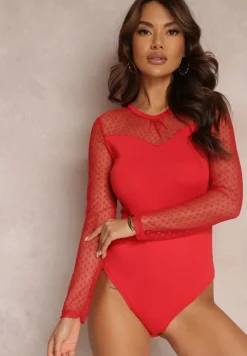 Czerwone Dopasowane Body z Długimi Rękawami Ozdobione Siateczką w Kropki Meliora