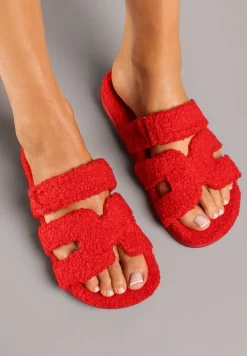 Czerwone Klapki z Futerkiem na Płaskiej Podeszwie Torivra