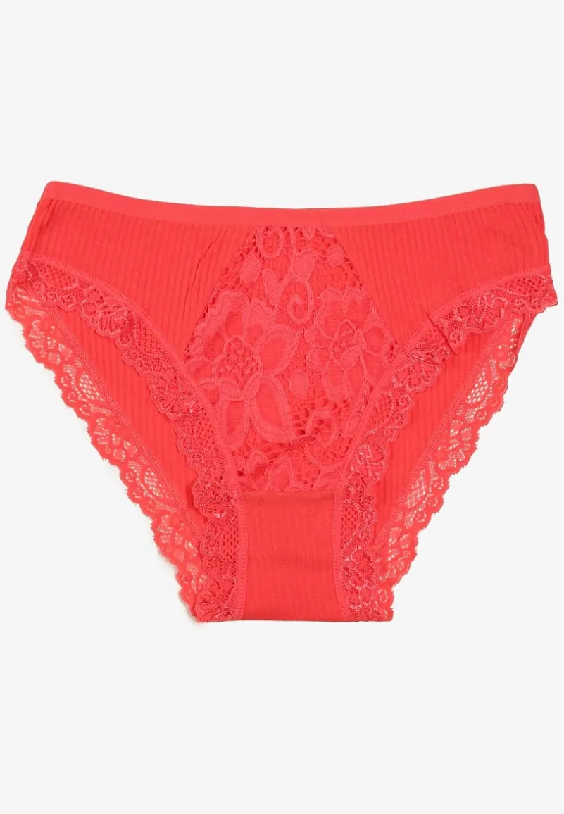 Czerwone Koronkowe Majtki Figi z Bawełny z Gumką w Pasie Amivia