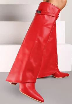 Czerwone Kozaki Kowbojki na Słupku Ozdobione Paskiem z Klamrą i Wywiniętą Cholewką Mairene