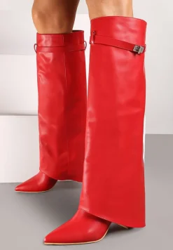 Czerwone Kozaki Kowbojki na Słupku Ozdobione Paskiem z Klamrą i Wywiniętą Cholewką Mairene