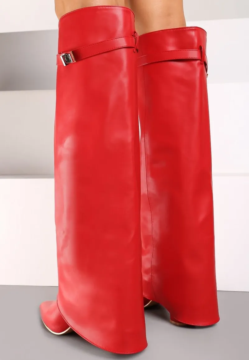 Czerwone Kozaki Kowbojki na Słupku Ozdobione Paskiem z Klamrą i Wywiniętą Cholewką Mairene